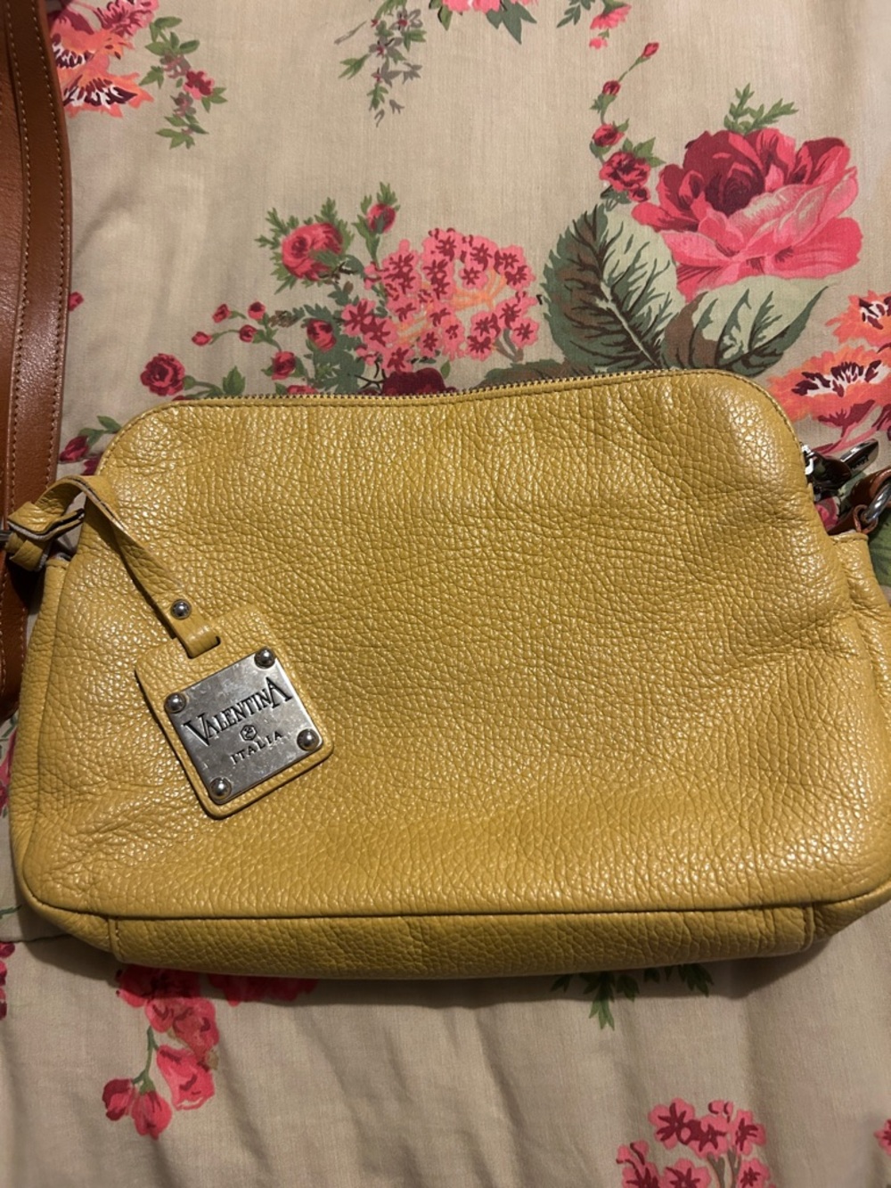 Valentina Mustard Pebbled Leather Crossbody Bag with Logo Plate
